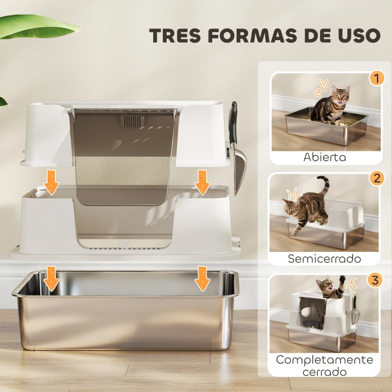 PawHut Arenero para Gatos de Acero Inoxidable XL con Tapa Abatible Laterales Altos Pala Fácil de Limpiar Antifugas Gris Claro