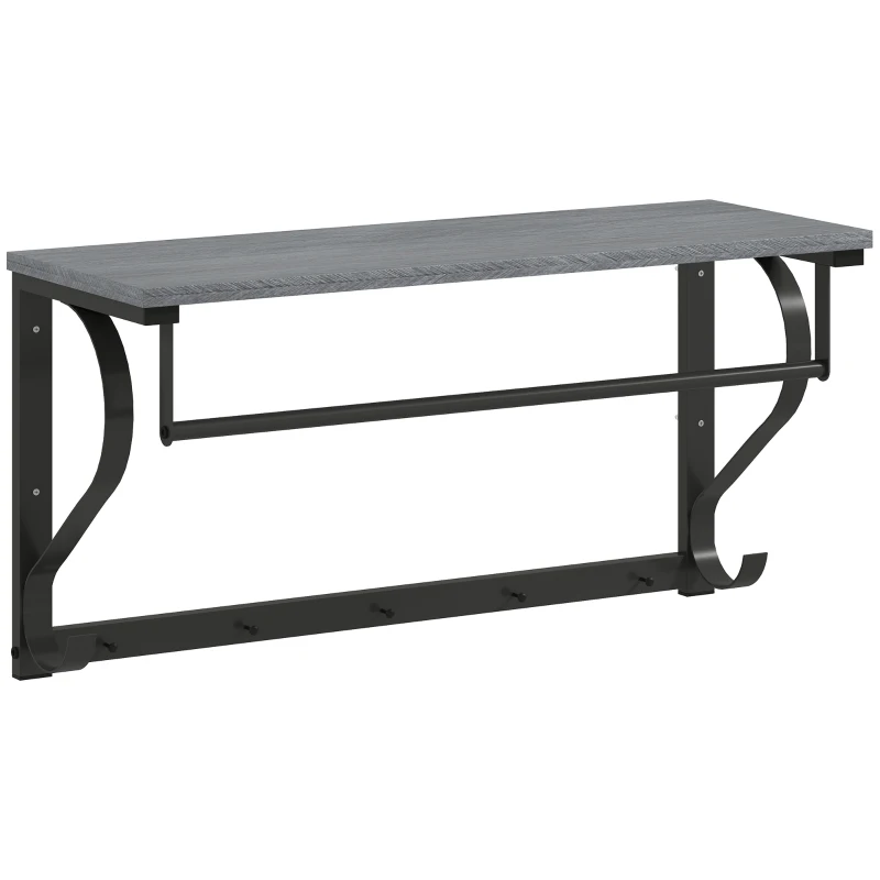 HOMCOM Perchero de Pared Montado, Ganchos para Ropa, 5 Ganchos, estante superior, versátil, Gris