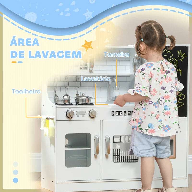 AIYAPLAY Cozinha de Brincar para Crianças Cozinha Infantil de Madeira com Acessórios Máquina de Gelo e Ardósia 83,8x26,8x81 cm Branco