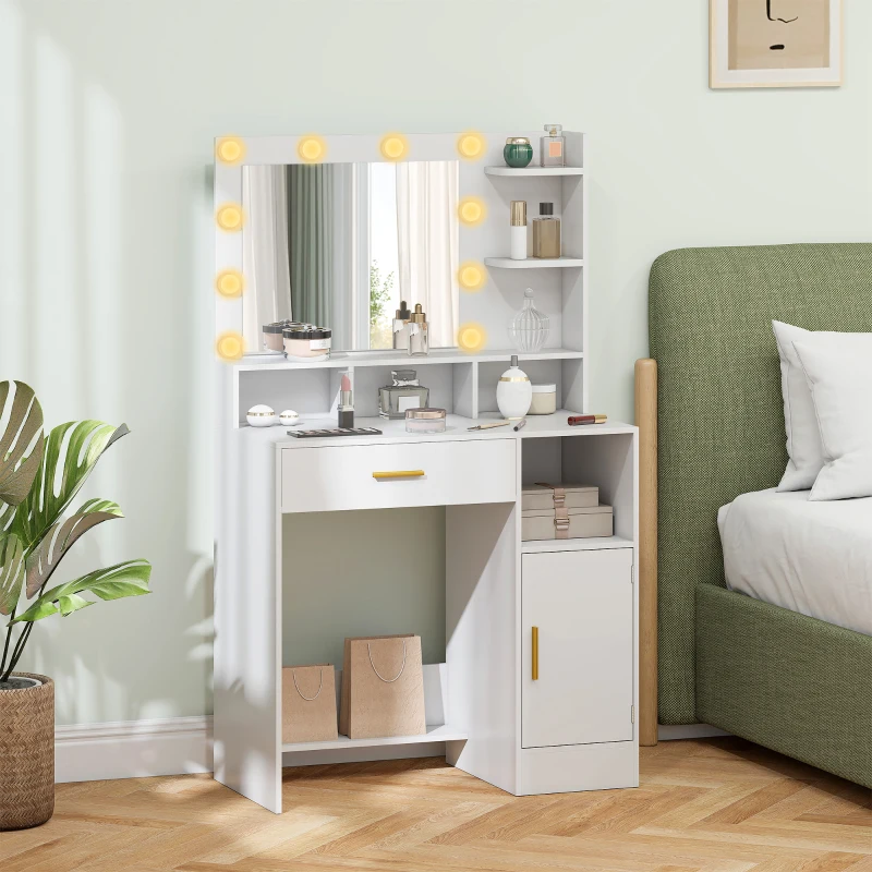 HOMCOM Coiffeuse avec miroir et 10 lumières LED, luminosité réglable, tiroir, placard et étagères ouvertes, 80x40x135cm, blanc