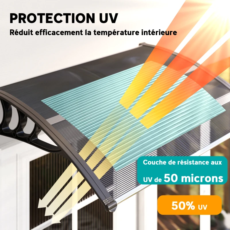 Outsunny Auvent de porte d'entrée, toit marquise de porte exterieur en polycarbonate et aluminium résistante 100 x 75 cm noir