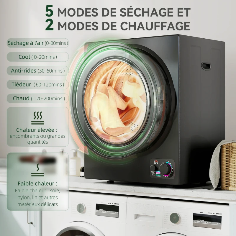 HOMCOM Sèche-linge électrique portable 850W, capacité 33L 4 modes de fonctionnement, acier inoxydable, 49 x 40,5 x 60 cm, noir