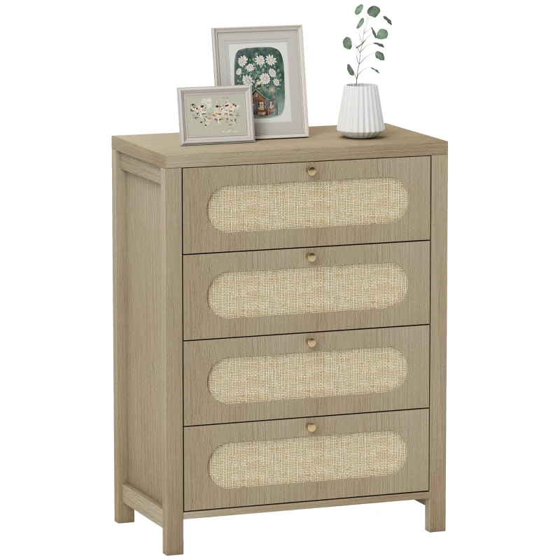 HOMCOM Cassettiera 4 cassetti in stile boho con ante in resina intrecciata, 70x38x93 cm, Legno Naturale