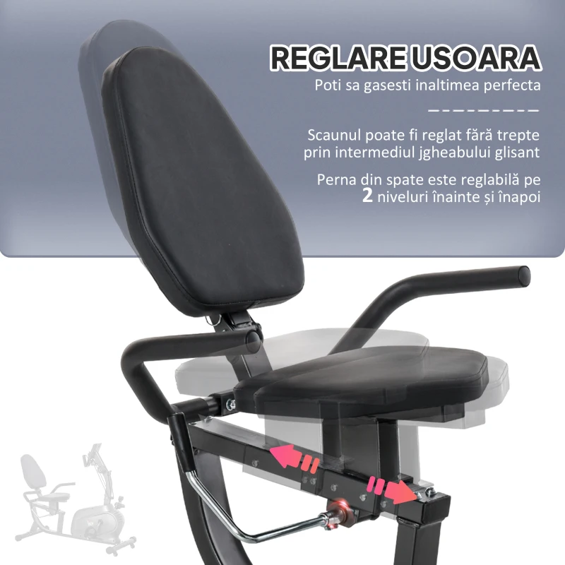 HOMCOM Bicicletă Magnetică Orizontală Scaun Reglabil și Elastice pentru Brațe