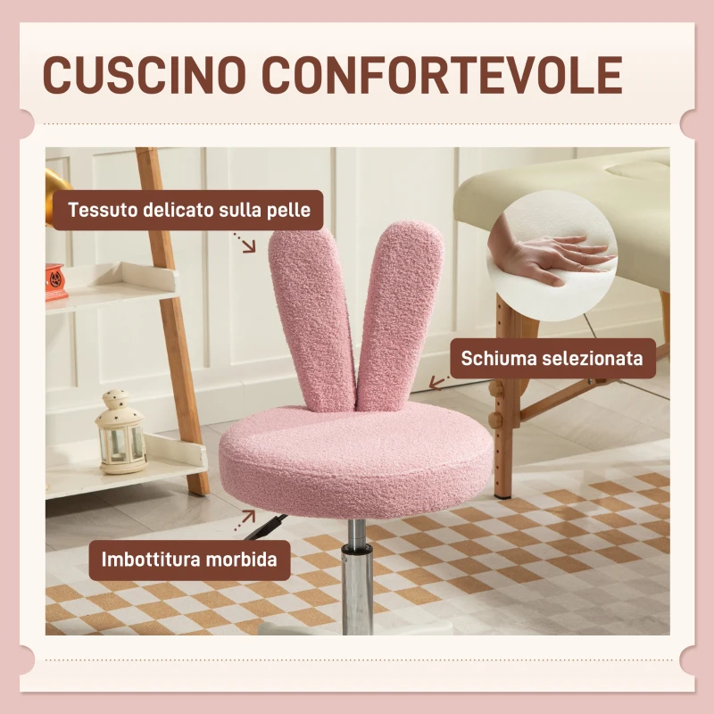 HOMCOM Sedia da Scrivania a Orecchie di Coniglio ad Altezza Regolabile e Rivestita in Pile Teddy Rosa, 53x53x70-84 cm