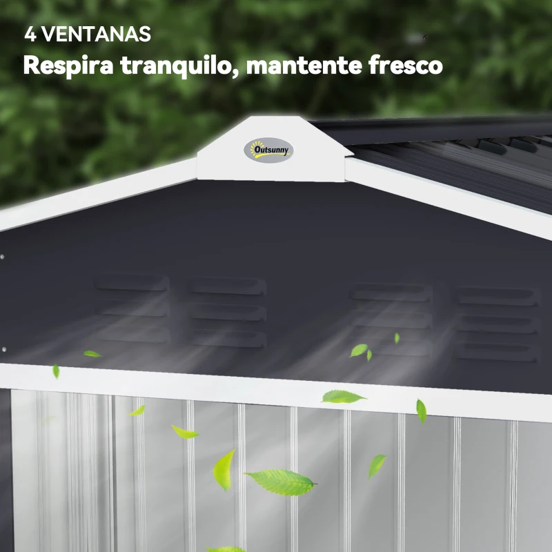 Outsunny Caseta de Jardín 213x130x185 cm con Puertas Correderas y Claraboya para Almacenamiento de Herramientas Gris Oscuro