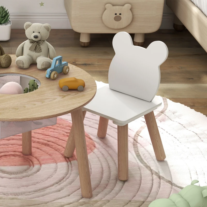 AIYAPLAY Conjunto Infantil de Mesa y 2 Sillas de Madera con Respaldo en Forma de Oso y Espacio de Almacenaje para Niños 3-6 Años