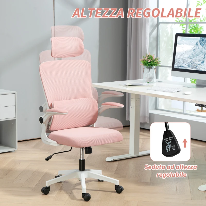 Vinsetto Sedia da Ufficio Regolabile e Reclinabile con Poggiatesta Rimovibile, in Tessuto a Rete, 60x59x114-122 cm, Rosa