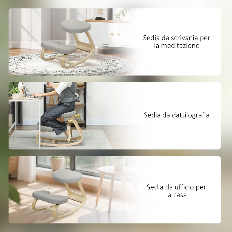 HOMCOM Sedia Inginocchiatoio con Movimento a Dondolo, in Tessuto e Legno di Betulla, 50x73x55 cm, Grigio