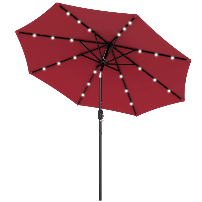 Outsunny Parasol de jardin Parasol droit Parasol Lumineux octogonal inclinable Ø 2,7 m Parasol LED Solaire métal Polyester Haute densité 180 g/m² rouge bordeaux