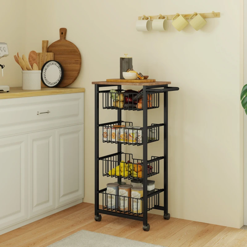HOMCOM Carrello da Cucina con 4 Cestini Estraibili, Ruote e Freni, Acciaio e Legno, 49.5x31x91 cm, Rovere