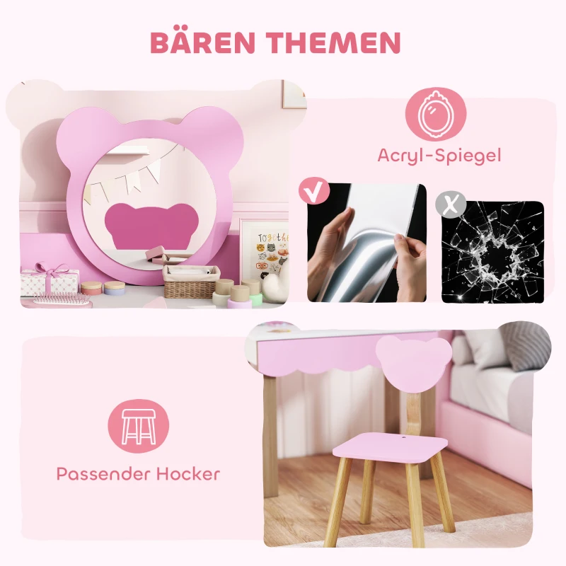AIYAPLAY Frisiertisch-Set mit Hocker für Kinder, Schminkspiegel, Bärchenform, Schublade, MDF, Rosa