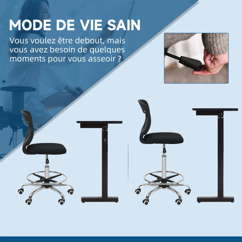 Vinsetto Chaise de bureau ergonomique en maille, chaise de dessin, hauteur et repose-pieds réglable, 59 x 59 x 106-126 cm, noir