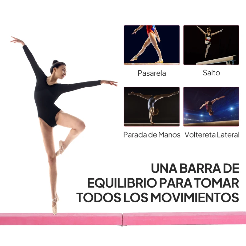 HOMCOM Barra de Equilibrio Gimnasia Plegable 210 cm Barra de Gimnasia Artística para Niños Adultos Entrenamiento en Casa Rosa