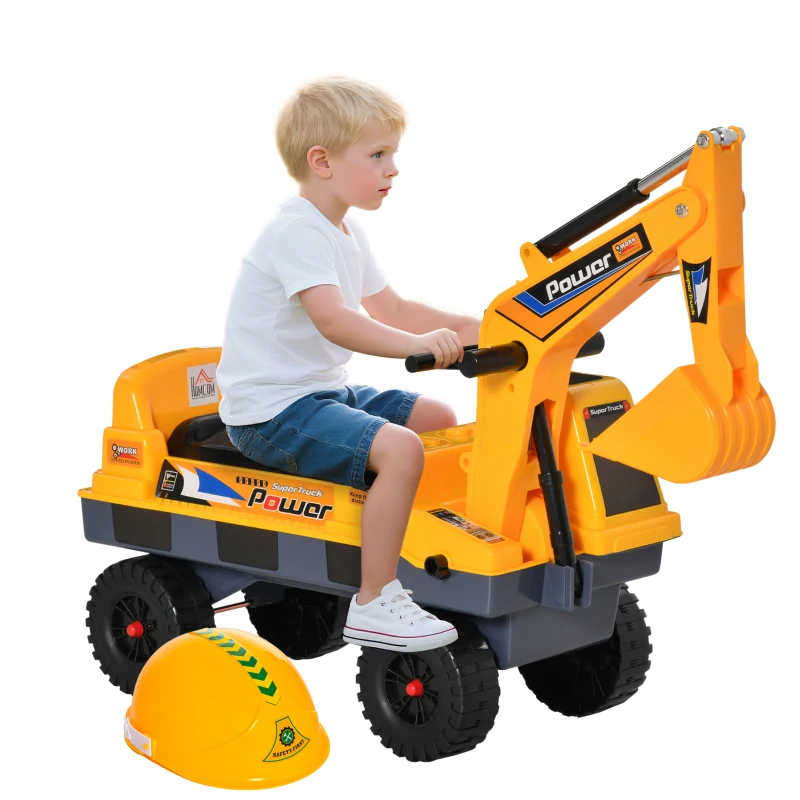 HOMCOM Porteur Enfant tractopelle 2-3 Ans Pelleteuse articulée avec Pince Incluse Effets sonores Lumineux PP Jaune