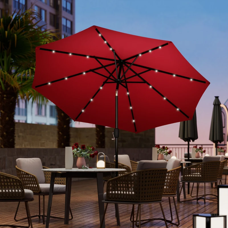 Outsunny Parasol de jardin Parasol droit Parasol Lumineux octogonal inclinable Ø 2,7 m Parasol LED Solaire métal Polyester Haute densité 180 g/m² rouge bordeaux