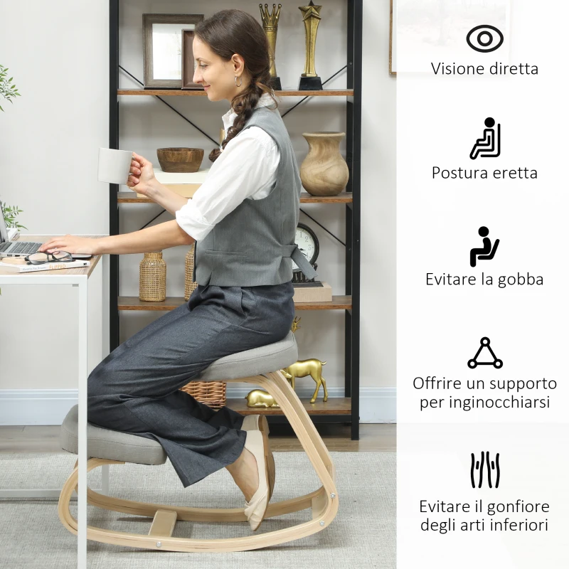 HOMCOM Sedia Inginocchiatoio con Movimento a Dondolo, in Tessuto e Legno di Betulla, 50x73x55 cm, Grigio