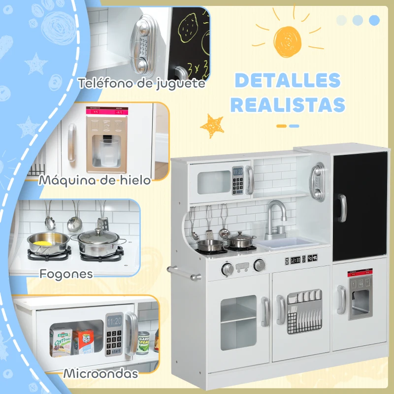AIYAPLAY Cocina para Niños de +3 Años con Accesorios para Cocinar Pizarra Máquina de Hielo y Teléfono 83,8x26,8x81 cm Blanco