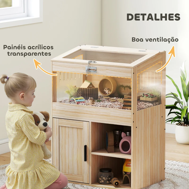 PawHut Gaiola para Hamsters com Espaço de Arrumação Casa para Hamsters com Painéis Acrílicos 60x40x82,5 cm Madeira