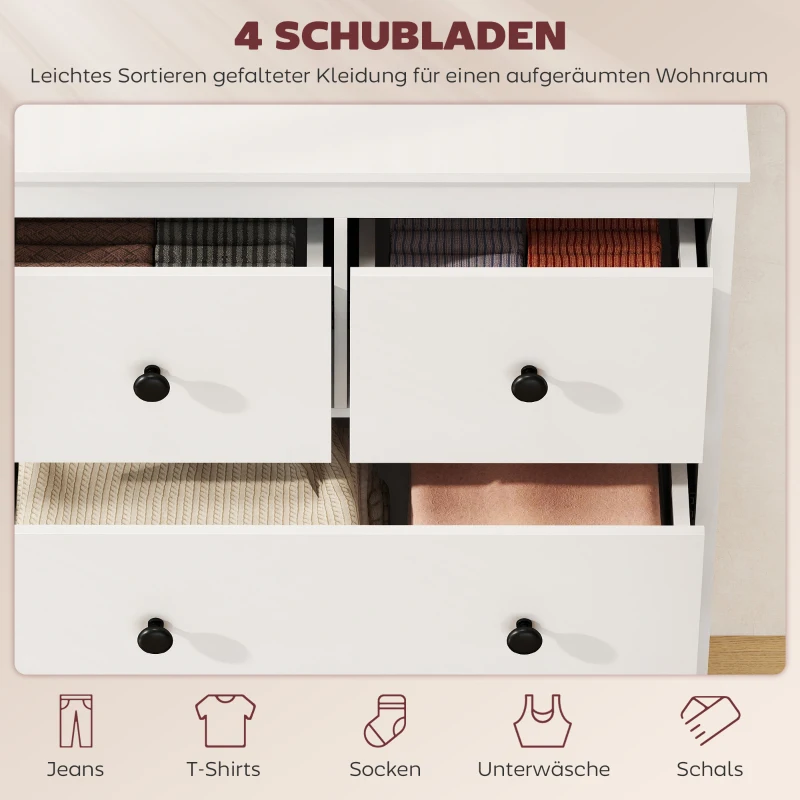 HOMCOM Kommode mit 4 Schubladen, für Kleidung & Bettwäsche, Wohnzimmer, Schlafzimmer, Flur, Spanplatte, Weiß