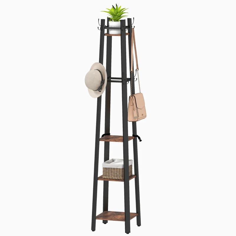 HOMCOM Portemanteau sur Pied de 4 Niveaux avec 4 Étagères 8 Crochets avec Structure Métallique pour Accrocher Vêtements Chapeau Marron Rustique