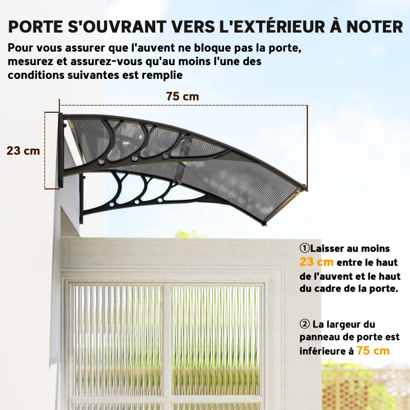 Outsunny Auvent de porte d'entrée, toit marquise de porte exterieur en polycarbonate et aluminium résistante 100 x 75 cm noir