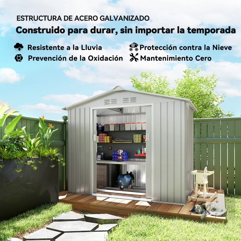 Outsunny Caseta de Jardín 213x130x185 cm con Puertas Correderas y Claraboya para Almacenamiento de Herramientas Gris Plata