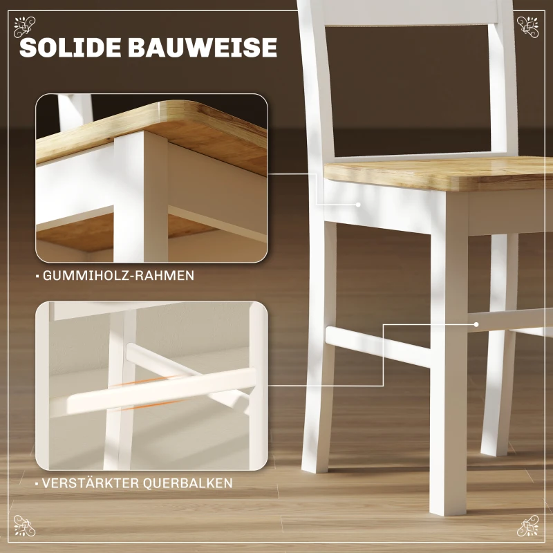 HOMCOM Set van 2 Keukenstoelen, Rubberhout, Gebogen Lattenrugleuning, Wit