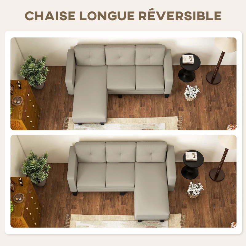 HOMCOM Canapé d'angle 3 Places méridienne réversible droite ou gauche, salon, grand confort, dossier capitonné, beige