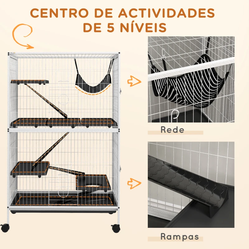PawHut Gaiola para Roedores 80x52x128 cm Casa de 4 Alturas com Rampas Suspensa Rede Bandeja Removível Rodas Branco Rajado e Preto