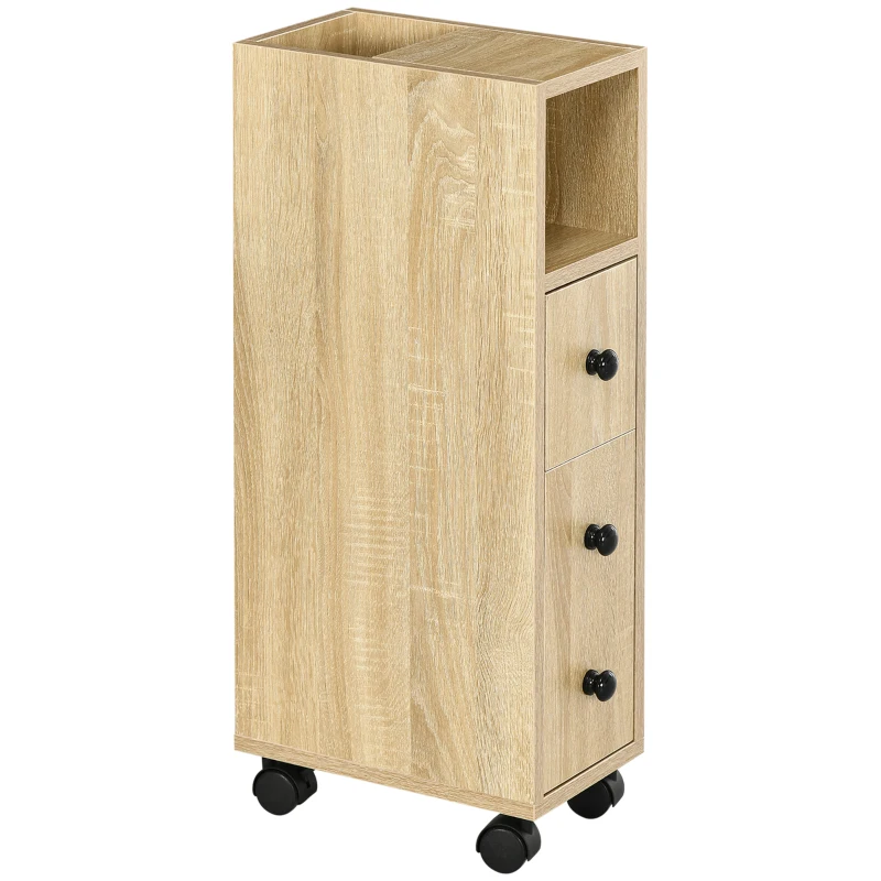 kleankin Armario de Baño con Ruedas Mueble Auxiliar para Baño con Estante Abierto Puerta y Cajón 18x30x68,5 cm Roble