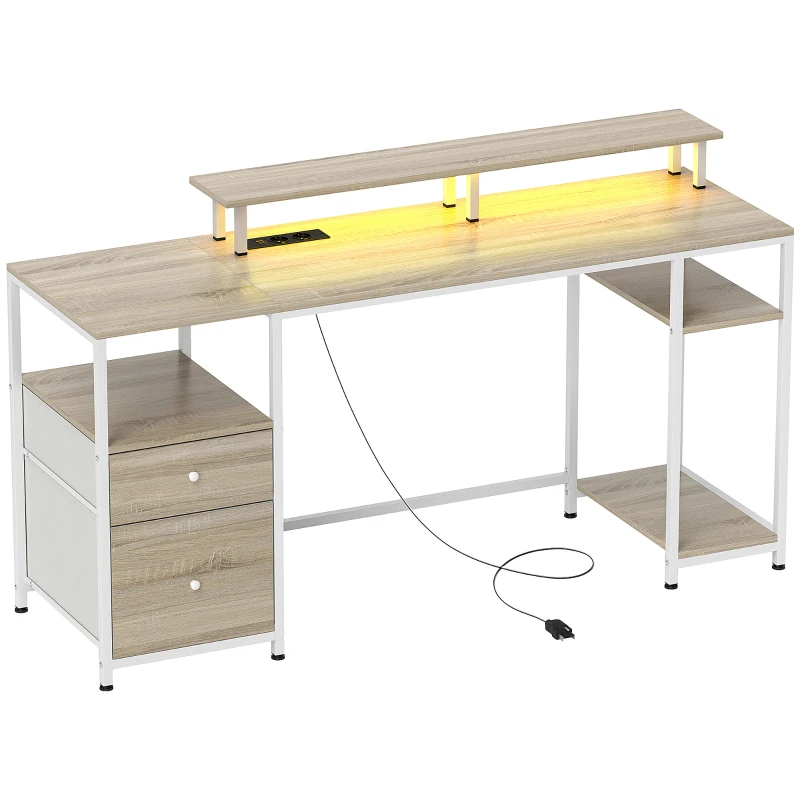 HOMCOM Mesa de Escritorio con Luces LED Cajones Tomas de Corriente Puertos USB y Soporte para Monitor 155,5x48x75,5 cm Natural