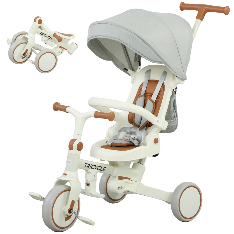 AIYAPLAY Tricycle pour Enfants 5 en 1 avec Poignée de Poussée et Capote Amovible, 96,5x49x101 cm, Blanc Crème