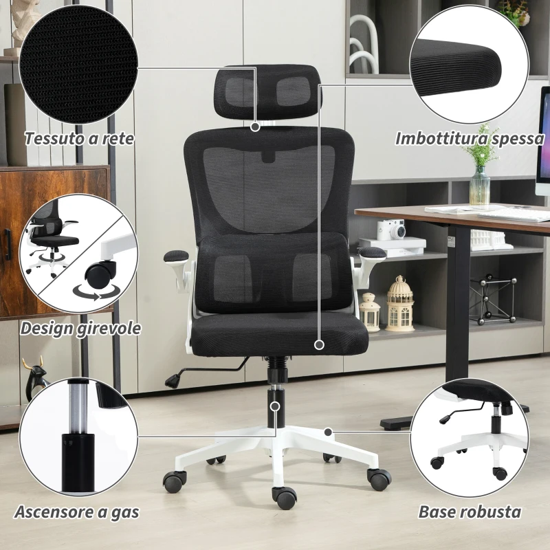 Vinsetto Sedia da Ufficio Regolabile e Reclinabile con Poggiatesta Rimovibile, in Tessuto a Rete, 60x59x114-122 cm, Nero