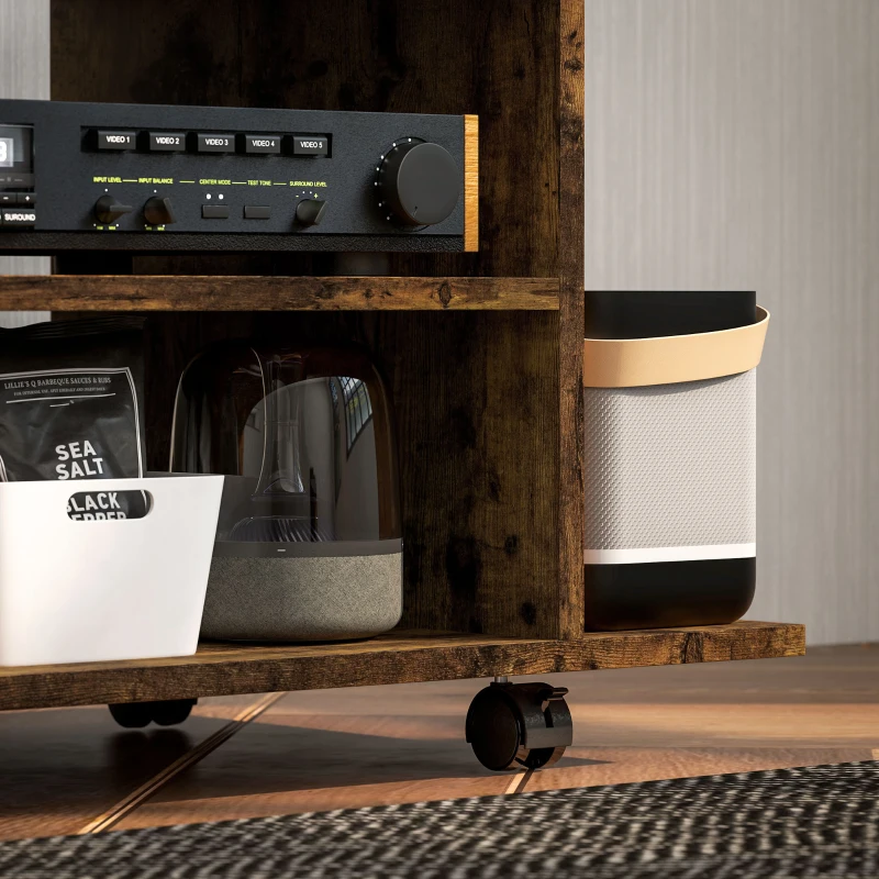 HOMCOM Modernes TV-Möbel mit Regalen, Rollen und Bremsen, 80x40x40 cm, Rustikales Braun