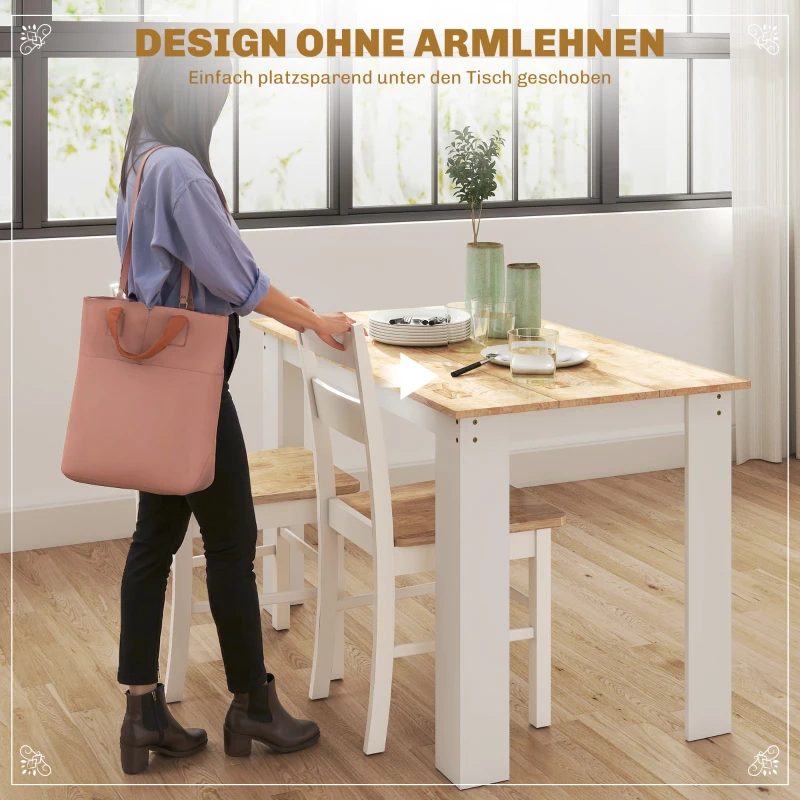 HOMCOM Set van 2 Keukenstoelen, Rubberhout, Gebogen Lattenrugleuning, Wit