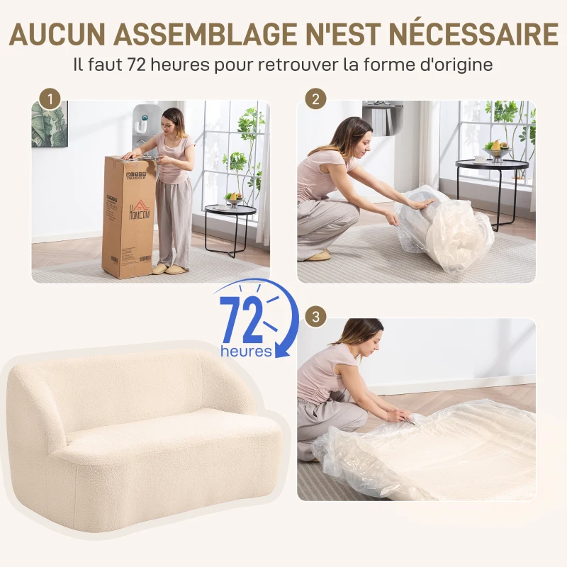 HOMCOM Canapé 2 places canapé en tissu bouclette 142 cm avec dossier et assise incurvés, aucun assemblage requis, beige