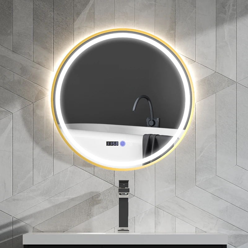 HOMCOM Runder Badezimmerspiegel mit LED-Lichtern, Badspiegel mit Anti-Beschlag-Funktion, Touch-Bedienung, Display