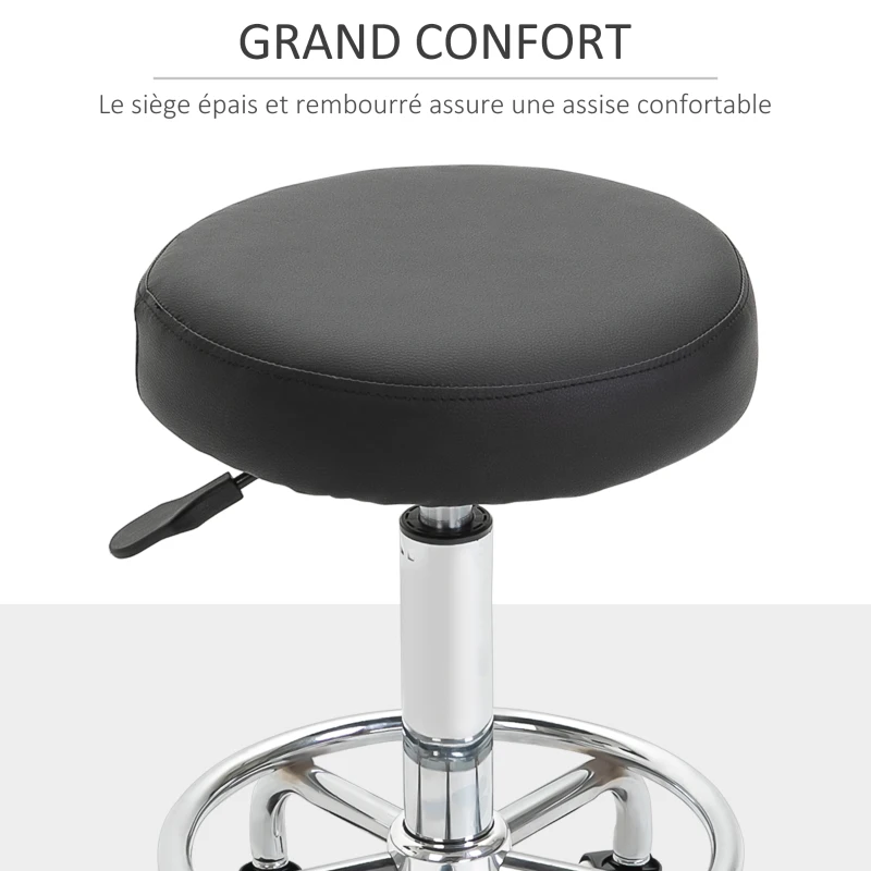 Vinsetto Tabouret à roulettes, tabouret de massage avec hauteur réglable 50-64 cm et assise rembourré, pivotant 360°, noir