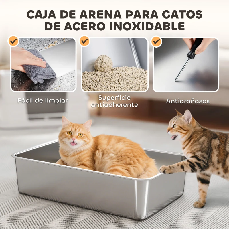 PawHut Arenero para Gatos de Acero Inoxidable XL con Tapa Abatible Laterales Altos Pala Fácil de Limpiar Antifugas Gris Claro