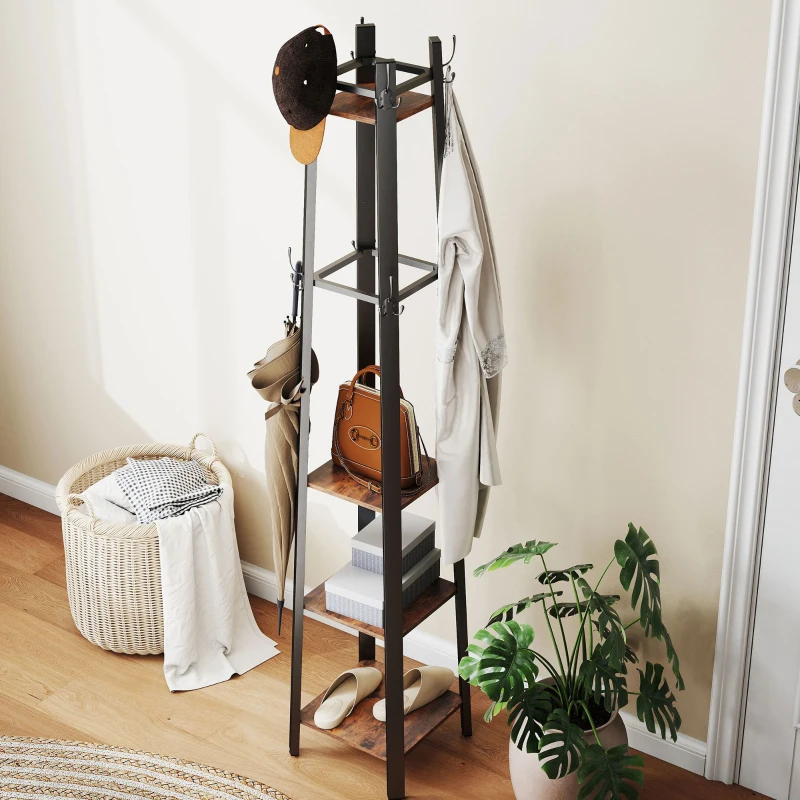 HOMCOM Attaccapanni da Terra a 4 Livelli con 4 Ripiani 8 Ganci con Struttura Metallica per Appendere Abiti Cappello Marrone Rustico