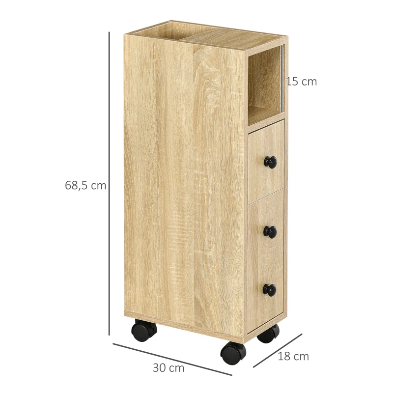 kleankin Armario de Baño con Ruedas Mueble Auxiliar para Baño con Estante Abierto Puerta y Cajón 18x30x68,5 cm Roble