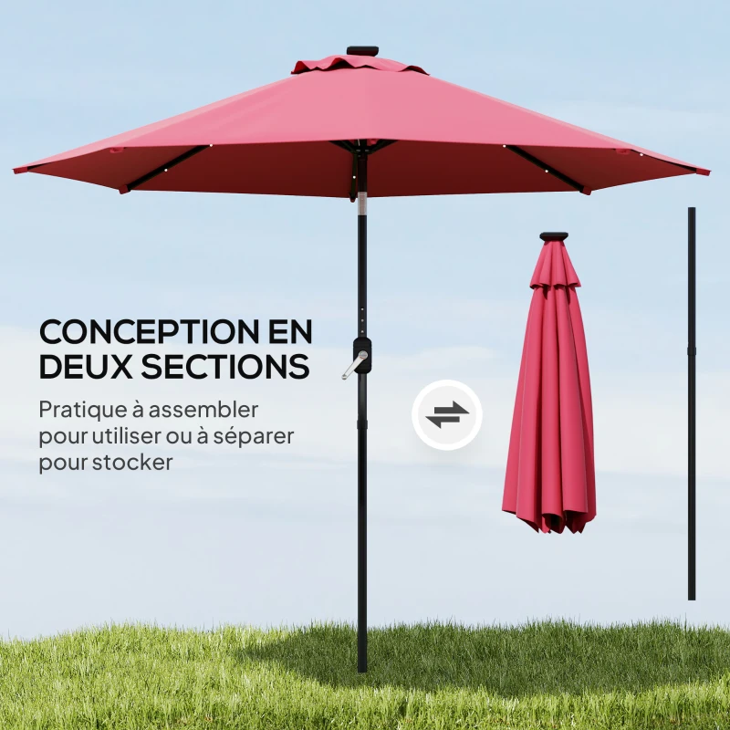 Outsunny Parasol de jardin Parasol droit Parasol Lumineux octogonal inclinable Ø 2,7 m Parasol LED Solaire métal Polyester Haute densité 180 g/m² rouge bordeaux
