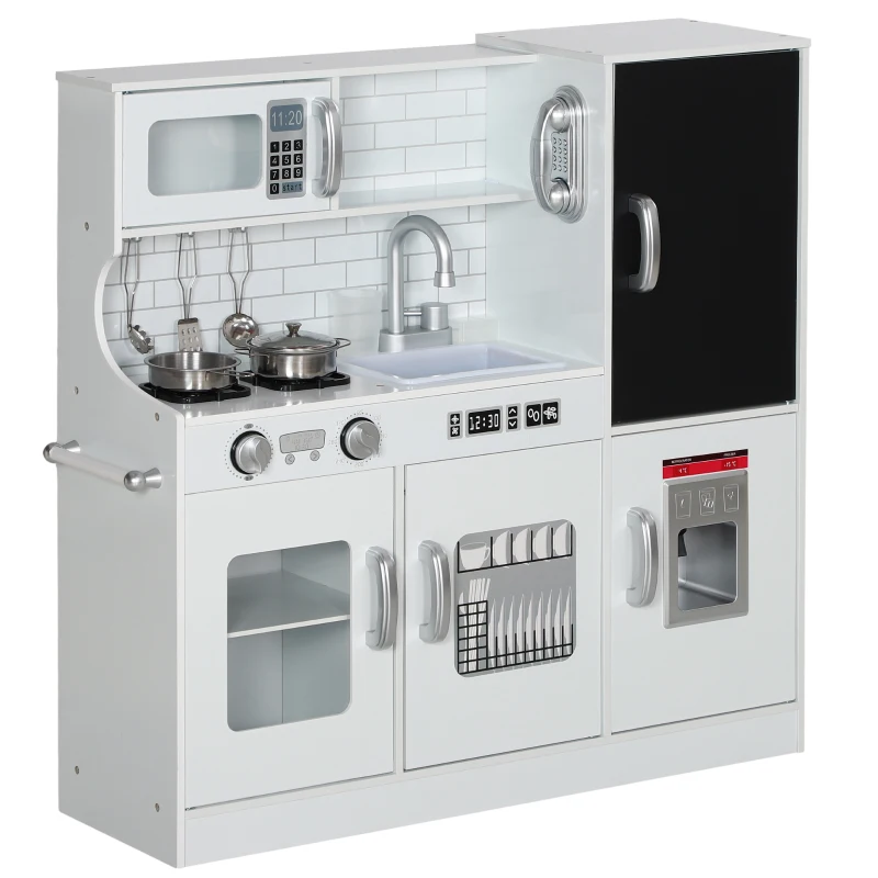 AIYAPLAY Cocina para Niños de +3 Años con Accesorios para Cocinar Pizarra Máquina de Hielo y Teléfono 83,8x26,8x81 cm Blanco