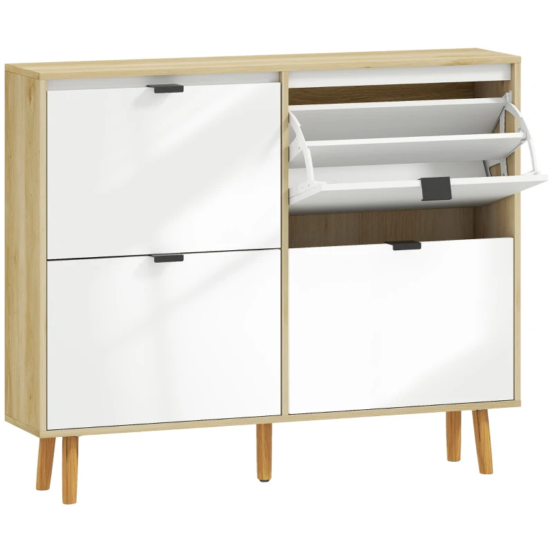 HOMCOM Zapatero Estrecho con 4 Puertas en Blanco Brillo Estantes Ajustables Patas de Madera para 20 Pares de Zapatos