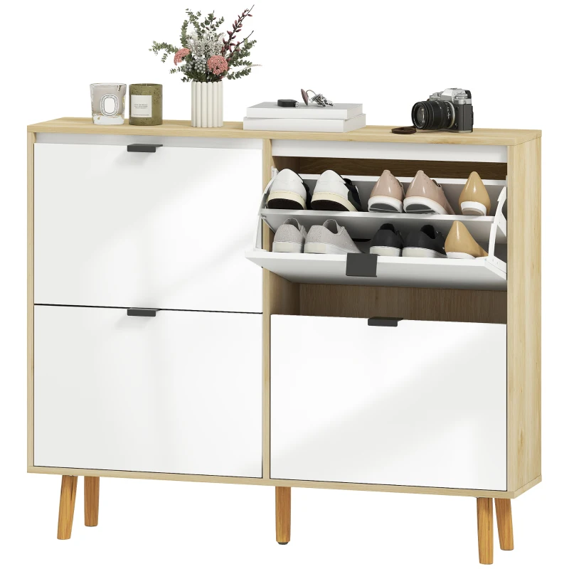 HOMCOM Meuble à Chaussures Étroit avec 4 Portes en Blanc Brillant Étagères Ajustables Pieds en Bois pour 20 Paires de Chaussures
