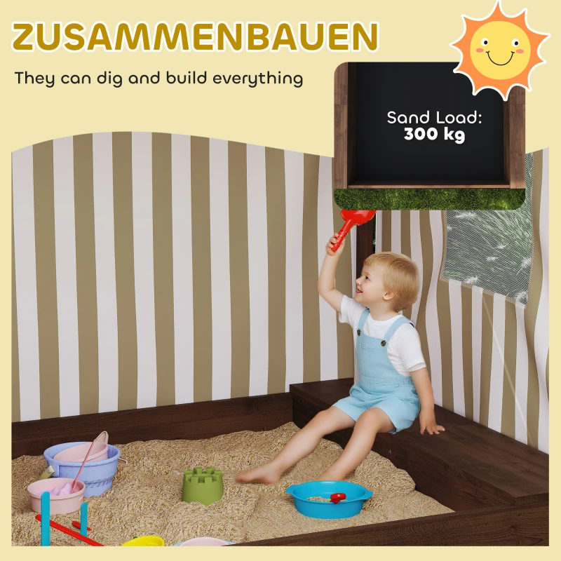 AIYAPLAY Sandkasten, Sandkiste mit Vordach und Netztür, Sitzbänke, Bodenschutz, Braun