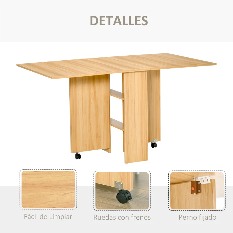 HOMCOM Mesa de Comedor Plegable con Ruedas Mesa Auxiliar Multifuncional con Alas Abatibles y Estantes 140x80x74cm Madera