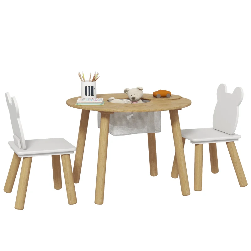 AIYAPLAY Ensemble 1 table ronde, 2 chaises pour enfant 3 pièces, dossier en forme d'ours, activités, bricolage, repas, 3-6 ans