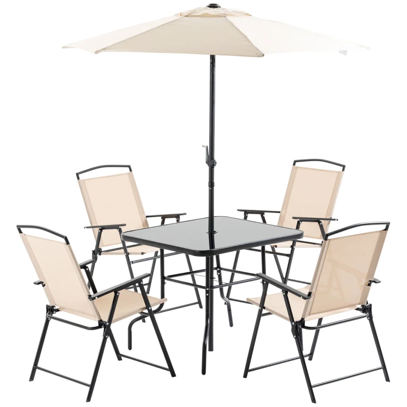Outsunny Conjunto de Jardim Refeição com 4 Cadeiras Dobráveis Mesa e Chapéu de Sol Inclinável 80x80x70cm Bege
